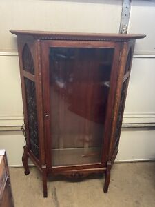 Antique Wooden Hutch Curio Wood Carved Angle With Glass Door Oak China 40 X55 