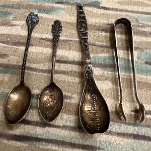 Four Sterling Silver Souvenir Spoons Sugar Tongs Unique