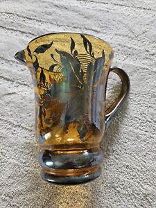 Antique Amber Glass Pitcher Sterling Silver Overlay Flowers Leaves Large Handle