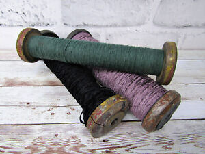 Set Of 3 Antique Vintage Industrial Textile Bobbins Spools W Thread Yarn String