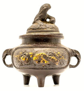 Chinese Bronze Incense Burner W Lid Beast Vase Elephant Handles Gilded 20th C 