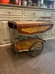 Late 20th Century Italian Floral Marquetry And Brass Service Bar Cart Trolley