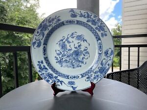 Rare 18th Century Chinese Blue And White Floral Charger 14 35 Cm