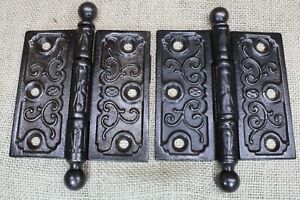 2 Old Door Hinges 3 1 2 X 3 1 2 Cannon Ball Top Clean Victorian Cast Iron Ox