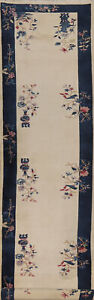Vintage Ivory Wool Art Deco Chinese Runner Rug 3x14 Hand Knotted Hallway Carpet