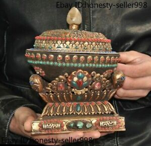 9 2 Tibetan Buddhism Bronze Inlay Agate Dzi Gem Dragon Statue Kapala Bowl Cup