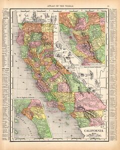 1912 Antique California State Map Vintage Atlas Map California Wall Decor 1589