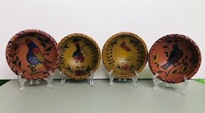 Set Of Four Vintage Hand Painted Wooden Wood Bowls People And Birds Farmhouse