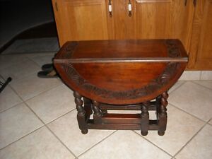 Antique Drop Leaf Round Gate Leg Carved Table Top With Twisted Legs 27 Inch