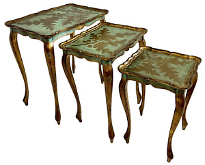 1960s 3 Set Florentine Hollywood Regency Gold Green Wood Nesting Tables