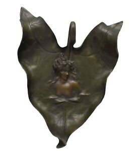 Beautiful Antique Art Nouveau Bronze Lady Leaf Tray 