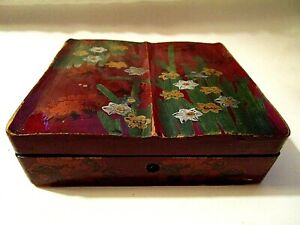 Antique Highly Enameled Inlaid Mop Wood Jewelry Trinket Box Water Lily Motif