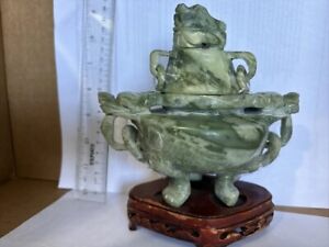 Antique Chinese Hand Carved Jade Dragons Footed Incense Burner