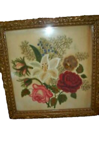 1870s Americana Theorem Floral Oil Painting On Velvet Wood Back Framed Primitive