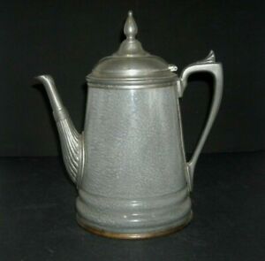 Early 1890 1905 Pewter Trimmed Grey Graniteware Teapot Enamel Ware