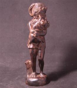 Antique German Cast Bronze Statue Figurine Girl With Her Puppy C 1920s