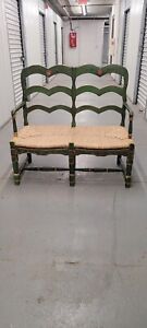 Rustic County French Style Ladder Back Paint Frame Rush Seat Settee
