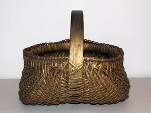 Old Basket Hand Woven Splint Country Primitive Antique Gold Paint