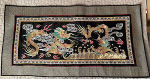 Antique Embroidered Silk Panel 2 Dragons Asia Gold Threads Blue Pink 13 X 26 