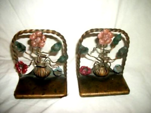 Antique French Bronze Tole Bookends Hp Flowers Urn 1920s Hammered Base Rare
