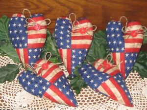 Patriotic Decor 5 Hearts Ornaments Bowl Fillers Handmade 4th Of July Flag Fabric