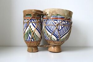 Antique Twin African Ceramic Animal Skin Bongo Drums Blue White