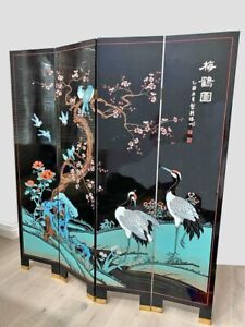 Vintage Coromandel Oriental Asian Four Panel Screen Blue Room Divider W Crane