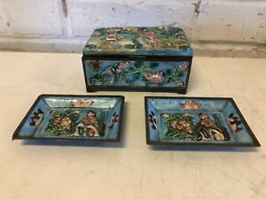 Antique Chinese Cloisonne And Brass Cigarette Box W 2 Trays Men Under Tree Dec 