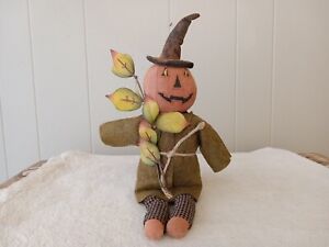 Primitive Jack O Lantern Pumpkin Doll Halloween Fall Leaves Autumn Scarecrow