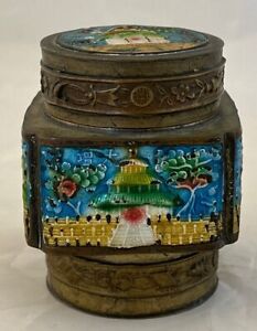 Enameled Brass Chinese Tea Caddy Box Opium Jar Blue Green Patina