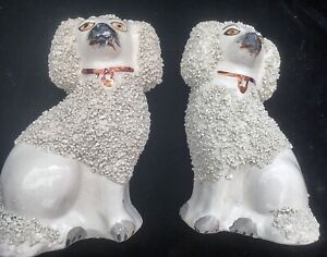  Very Nice Pair Antique Staffordshire Confetti White Spaniel Poodle Dogs China