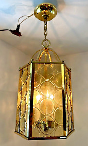 Gorgeous Mid Century Foyer Hall Light Chandelier Brass Amber Glass Optic Swirls