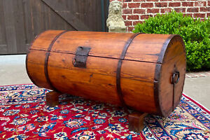 Antique French Round Barrel Trunk Storage Chest Blanket Box Pine Iron Strapping