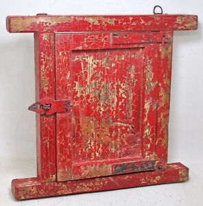 Antique Wooden Wall D Cor Window With Frame Original Old New Painted Red