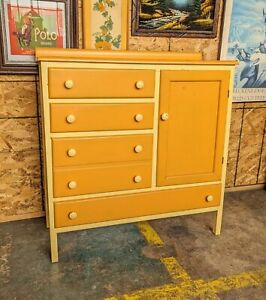 Antique Wooden Dresser Bureau Orange Yellow Painted