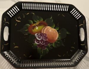 Vintage Handpainted Tole Ware Fruit Reticulated Metal Tray Farmhouse