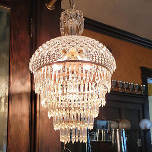 870b Antique 30 S 40s Ceiling Lamp Fixture Crystal Shade Wedding Cake Chandelier