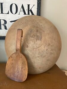 Atq Wooden Turned Dough Bowl W Foot Out Of Round Paddle 15 5 X 14 5 