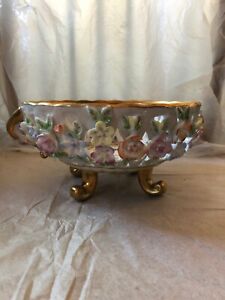 Dresden Reticulated Gold Guided Footed Bowl Beautiful Raised Flowers Mint 