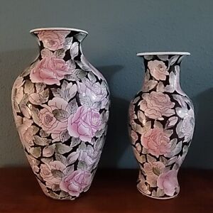 Vintage Chinese Famille Noire Vase Toyo Midnight Rose 2 12 10 Tall