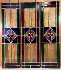 Vintage 1930s Art Deco Stained Glass Panels Set Of 3 8 5 X31 All Original