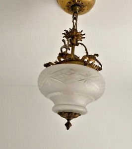 Antique French Art Deco Cut Glass Frosted Brass Hall Pendant Chandelier C1930s