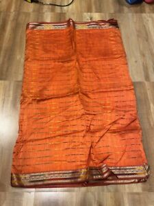 Vintage Old Indian Woman Used Orange Red Banarasi Silk Beautiful Sari Dress