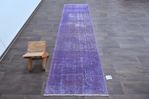 Vintage Turkish Runner Rug 2x9ft Wool Anatolian Handmade Hallway Oushak Purple