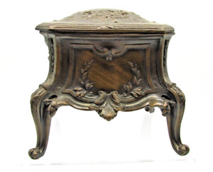 Antique 19th C French Victorian Bronze Spelter Jewelry Casket Box Tuffed Silk