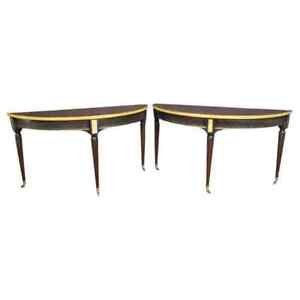 Pair Very Large French Directoire Brass Bound Mahogany Demilune Console Tables