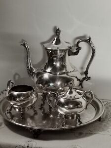Birminham 5pc Silver Over Copper Coffee Tea Set Creamer Sugar Dish Tray Antique