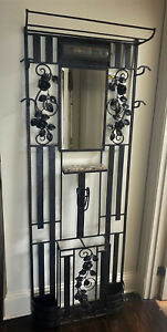 Antique French Wrought Iron Art Deco Hall Tree W Light Mirror Marble 77 