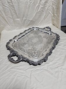 Large Vintage Silver Plated Butlers Serving Tray Handled Ornate L B S Co