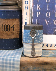 Small Antique Pantry Tin 1890s Blue White Quilt Sleeve W Fancy Tin Salt Spoon